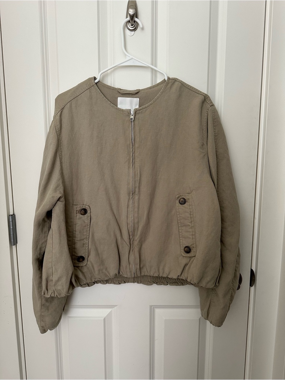 Zara Linen blend collarless Bomber Jacket -cinched hem